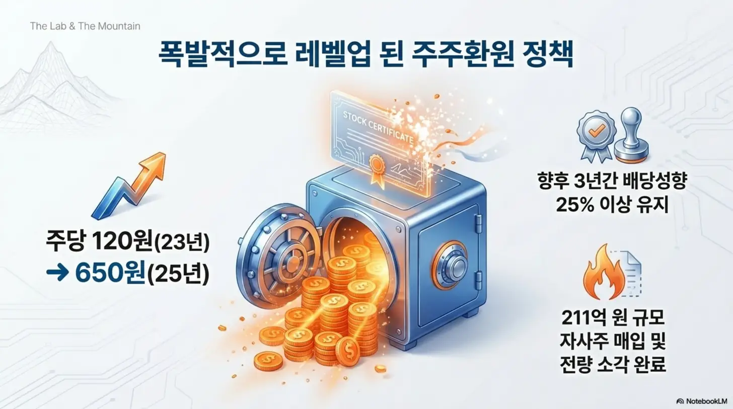동진쎄미켐 배당금이 주당 120원(2023)에서 650원(2025)으로 늘고, 향후 3년간 배당성향 25% 이상 유지와 211억 원 자사주 매입·전량 소각을 약속한 주주환원 강화를 보여주는 이미지