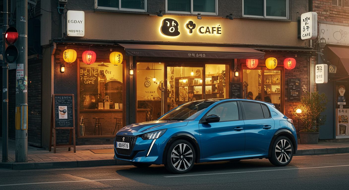 서울의 트렌디한 카페 앞에 주차된 3000만 원대 수입차 실사 이미지