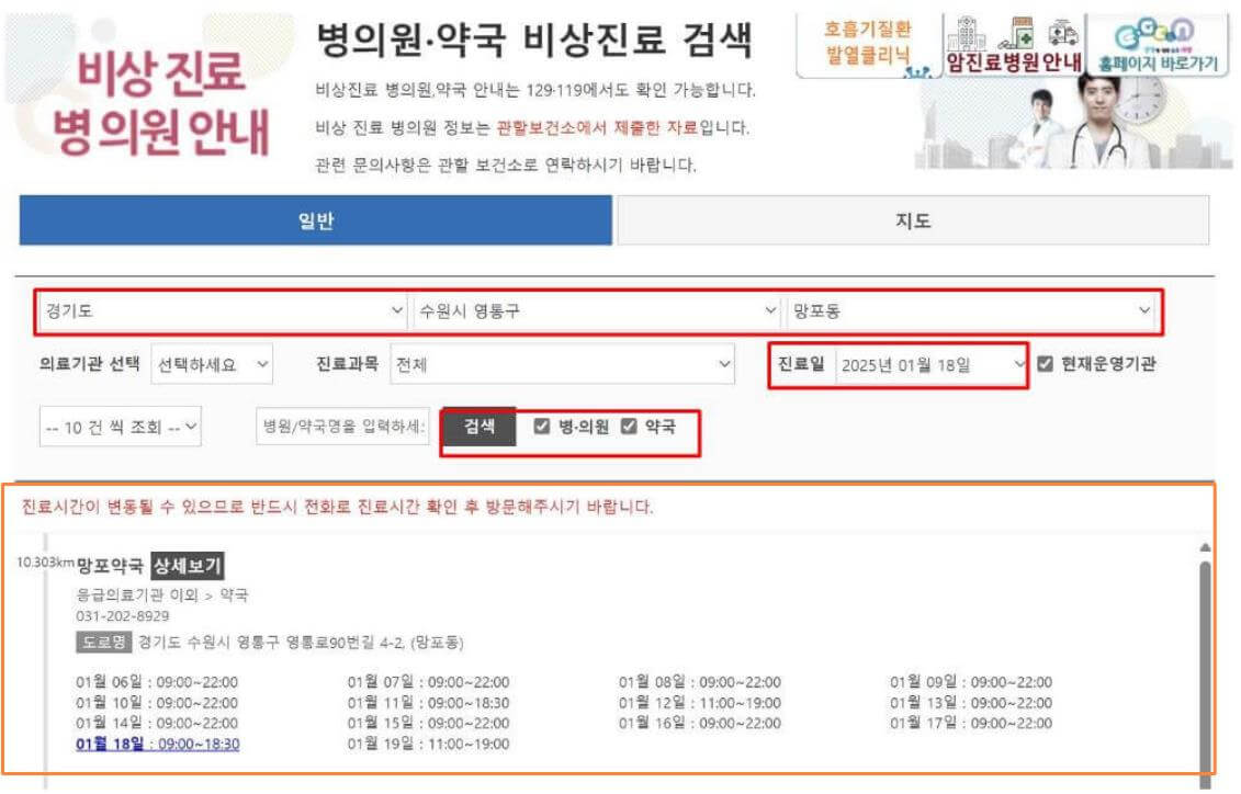 휴일 진료 병원, 약국 정보