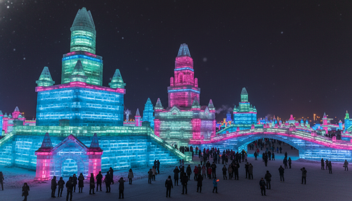 화려한 조명으로 빛나는 하얼빈 빙설대세계의 거대 얼음 성들