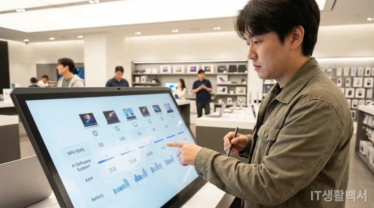 AI 노트북 사양표를 보며 NPU 성능을 비교하는 한국인 소비자