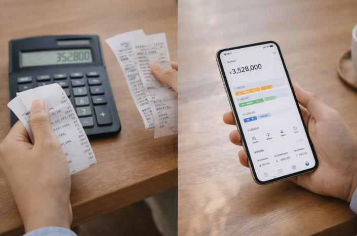 가계부 앱 화면과 계산기, 영수증을 동시에 비교하며 연말정산을 준비하는 모습