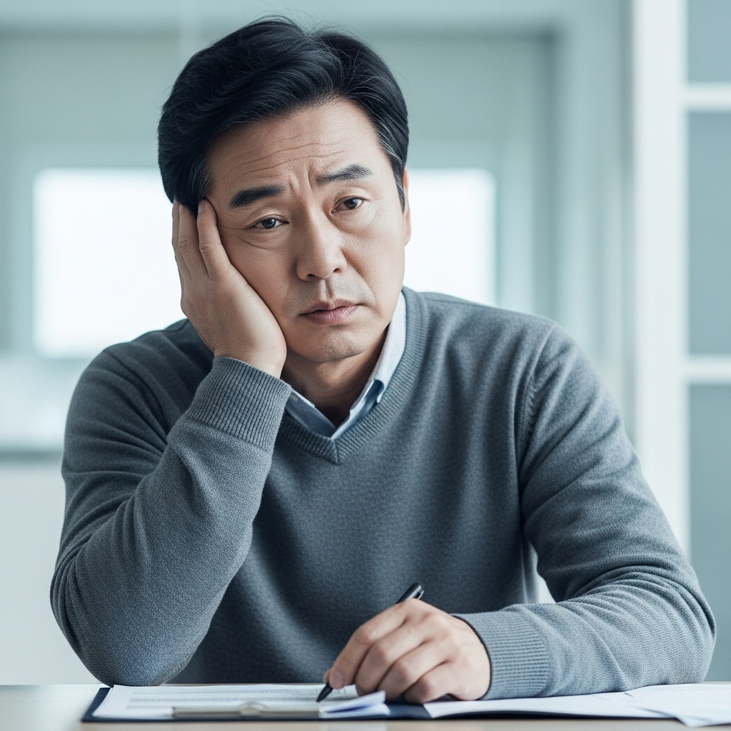 책상에 앉아 피곤하고 기운 없는 표정으로 서류를 보는 한국인 중년 남성, 성인 성장호르몬 결핍 증상인 만성 피로와 무기력함을 보여줌.