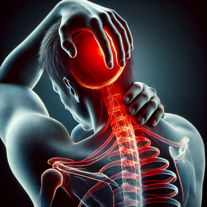 고혈압으로 인한 두통을 겪는 사람의 모습&amp;#44; 뒷머리를 잡고 있는 모습 강조.