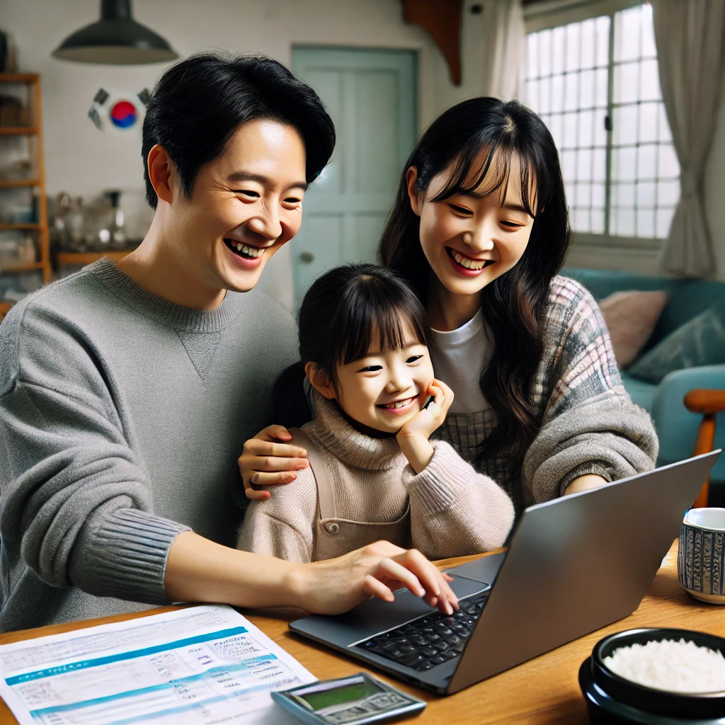 식탁에서 노트북으로 환급 내역을 확인하는 한국 가족