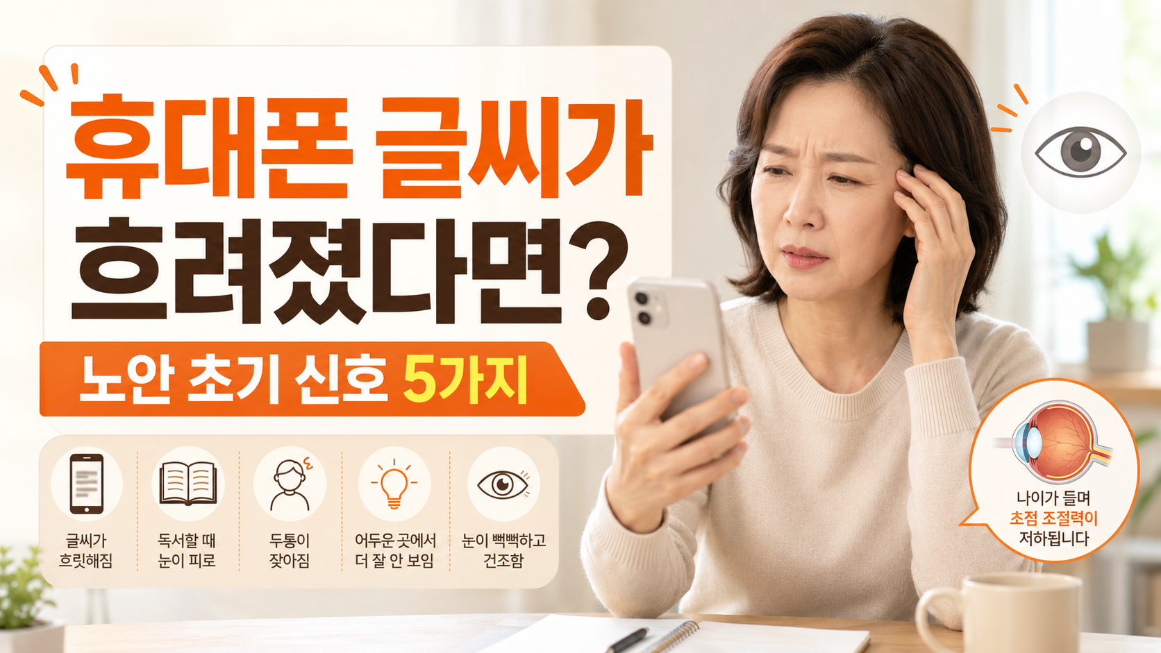 휴대폰 글씨가 흐려 보이는 노안 초기 증상을 확인하는 중년 여성