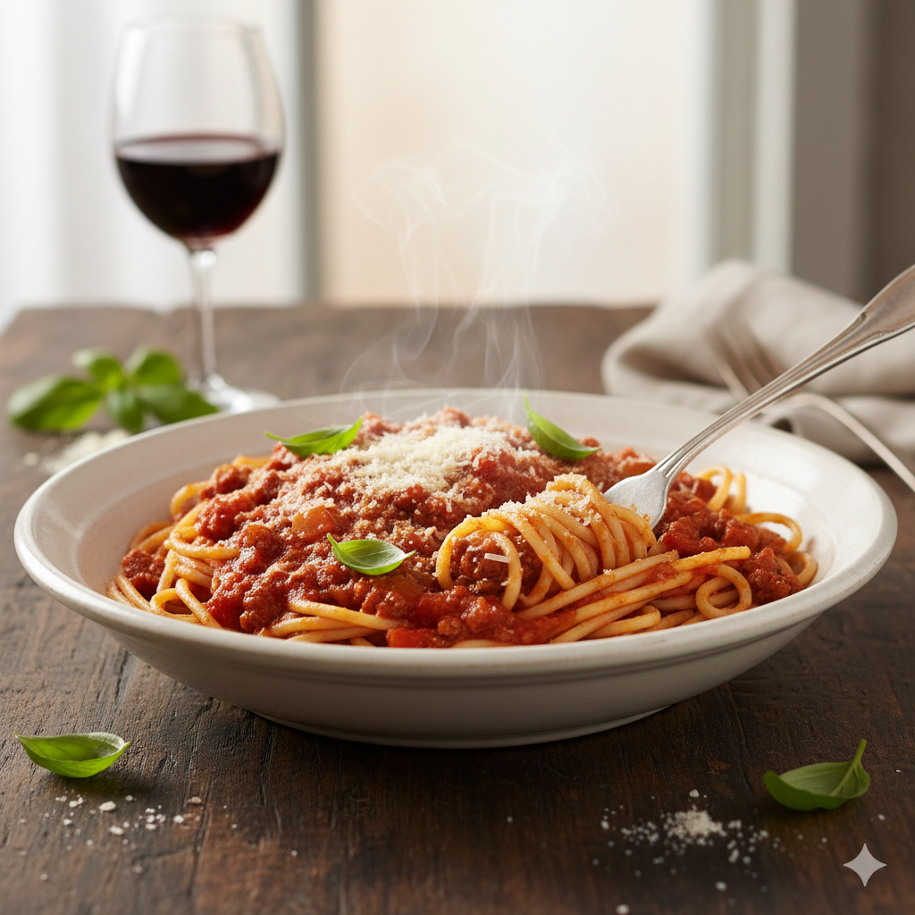 신선한 토마토를 으깨어 만든 소스 위로 바질 잎이 장식된 토마토 파스타