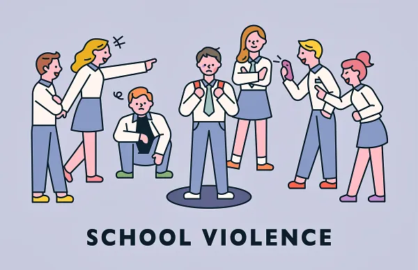 학교폭력 전담지원관 신설을 한다는 내용에 맞게 학교폭력을 떠올리게 하는 이미지. 여러명의 학생들이 한 학생을 둘러싸고 괴롭히는 듯한 모습
