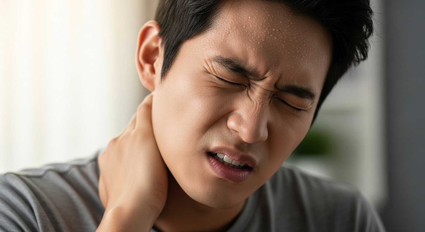 목과 귀를 함께 잡으며 통증을 느끼는 남성