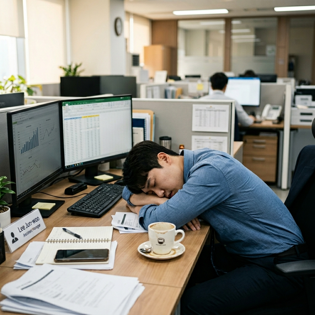 점심 식사 후 사무실 책상에 엎드려 피곤해하는 직장인과 그 옆에 놓인 빈 커피잔