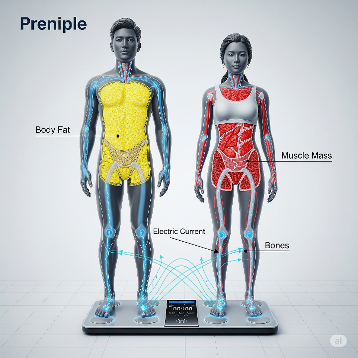 인바디 체중계의 측정 원리를 설명하는 일러스트. 발바닥에 전류가 흐르는 모습과 체지방, 근육량이 표시된 신체 단면도를 보여준다. 남성과 여성이 체중계 위에 올라선 모습.