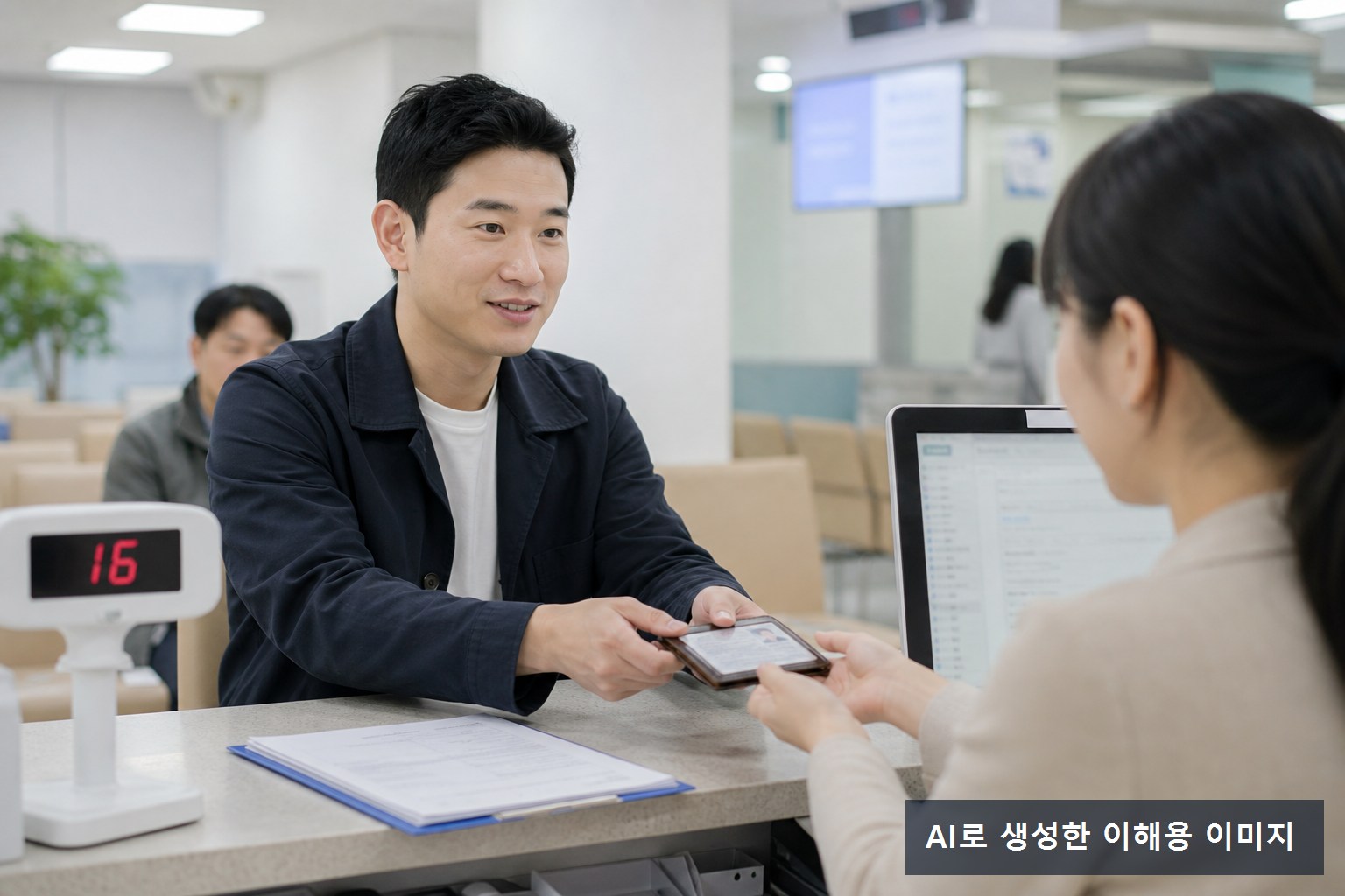 전입신고를 위해 주민센터 창구를 방문한 사람