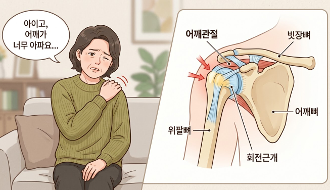 어깨를 감싸 쥐고 통증을 호소하는 사람의 모습 일러스트 또는 어깨 관절 구조를 보여주는 이미지