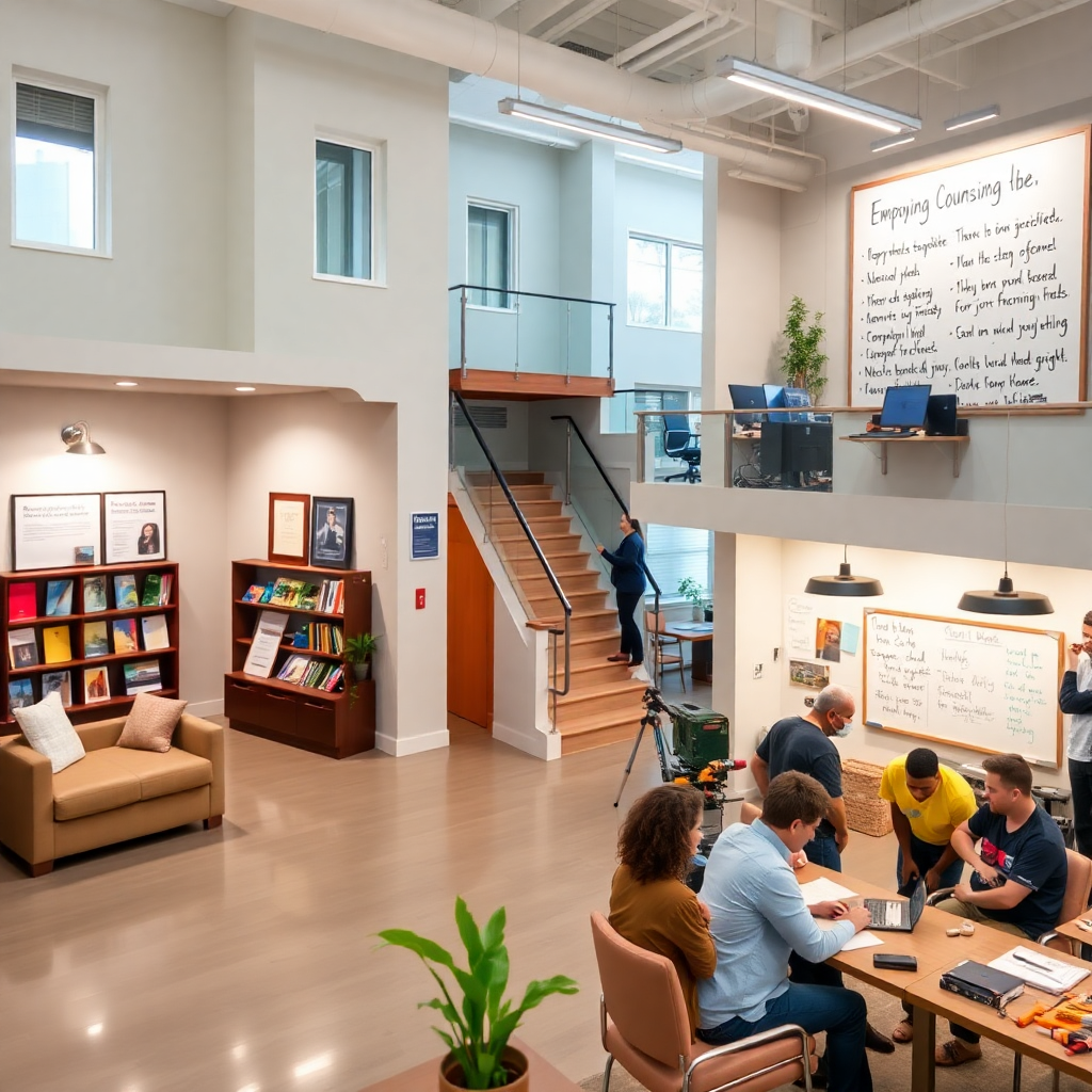 단지 내에 마련된 작은 사무 공간이나 취업 상담실, 또는 특정 기술 교육이 이루어지는 학습 공간 등을 통해 거주민이 일자리를 찾고 경제적으로 자립하는 데 도움을 주는 주거 형태를 보여줍니다 .