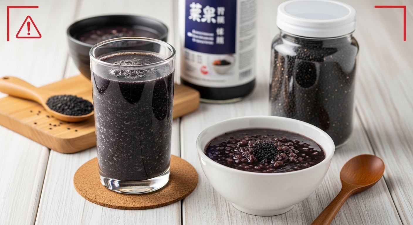 흑임자 쉐이크, 흑임자 죽, 흑임자 씨앗 등 다양한 흑임자 제품과 함께 주의를 요하는 아이콘이 있는 건강한 식탁.