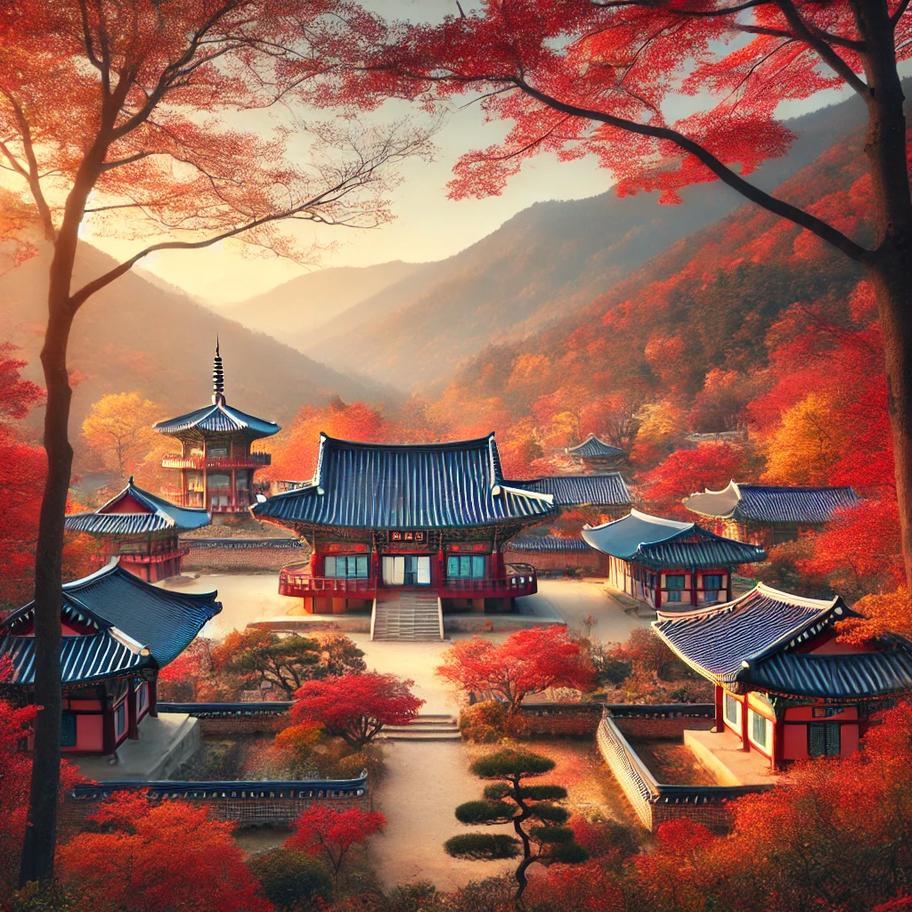 통도사의 전통 건축물과 단풍이 어우러진 고요한 가을 풍경&amp;#44; 붉고 노란 나무들이 둘러싼 사찰 모습.