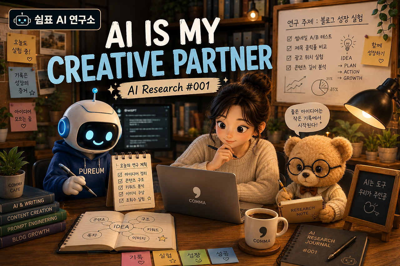 쉼표와 AI 연구원들이 노트북과 아이디어 노트를 펼쳐놓고 블로그 성장 실험을 계획하는 모습.