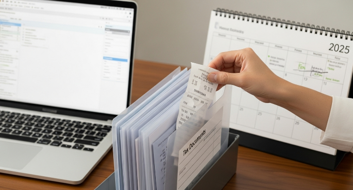 세금 서류 폴더에 현금 영수증을 넣는 손. 연말정산 서류를 꼼꼼히 정리하는 모습.