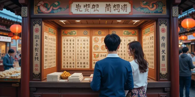 시장 골목의 전통 점집 앞에서 운세 상담을 기다리는 커플