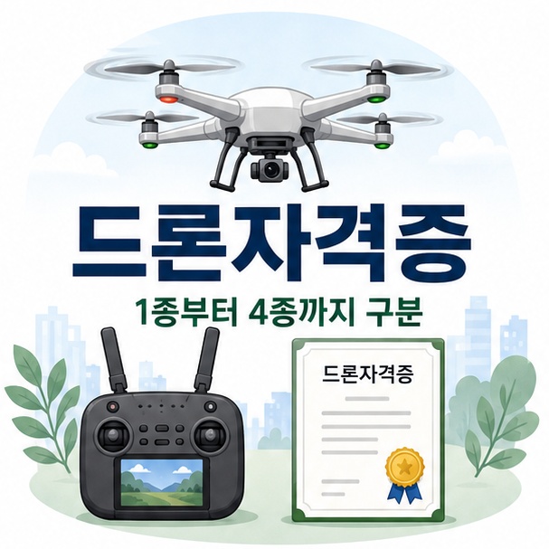 드론과 조종기, 조종자 증명서를 이용해 드론자격증의 의미와 1종부터 4종까지의 체계를 표현한 이미지