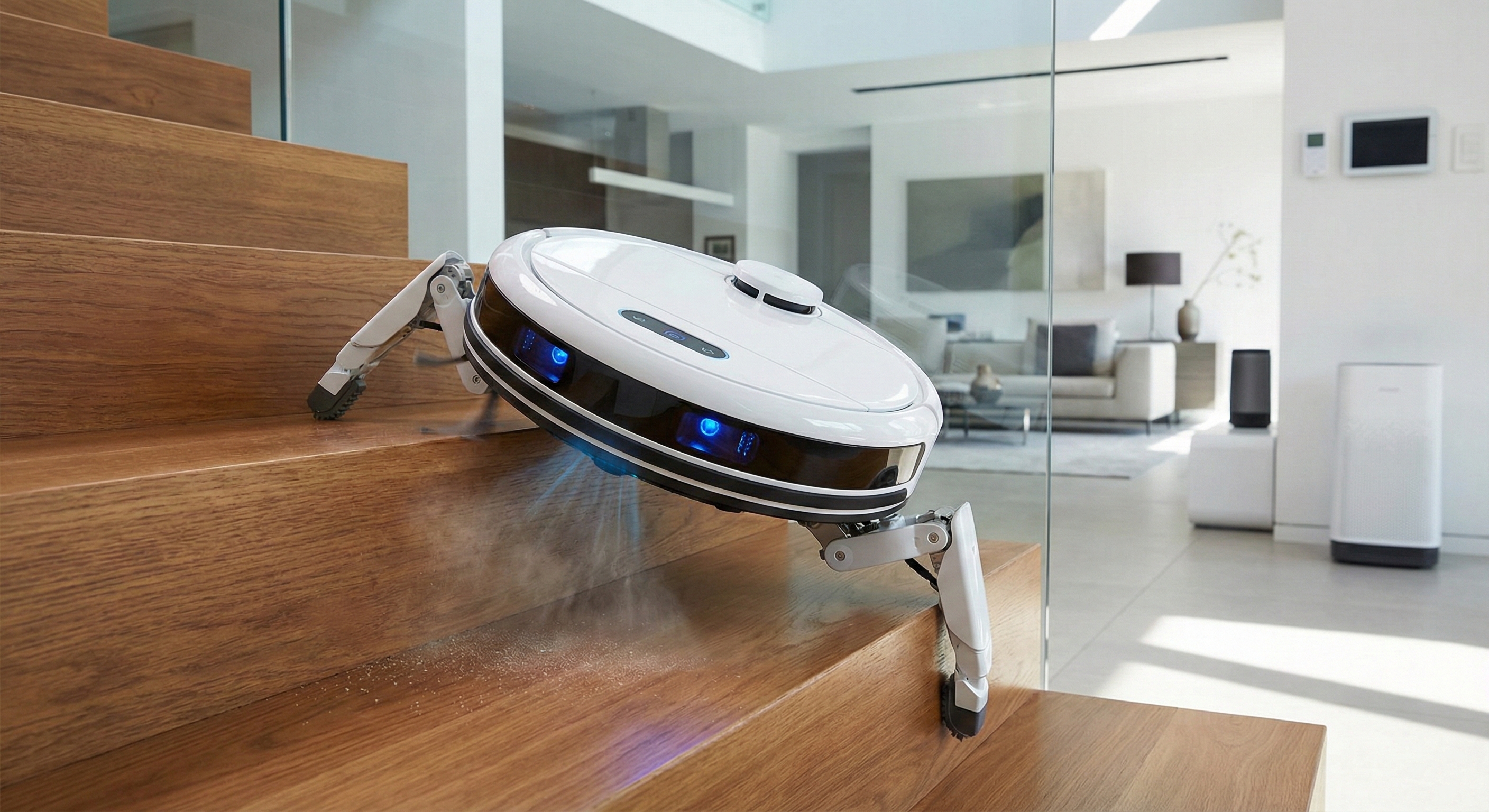 다리를 이용해 계단을 오르는 로보락 Saros Rover 로봇 청소기의 혁신적인 주행 모습