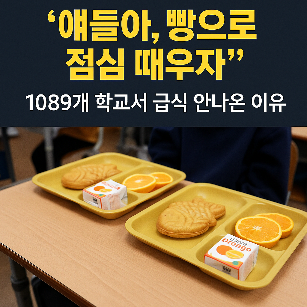 "학교 급식 파업으로 학생들이 빵과 간편식을 먹는 상황을 강조한 뉴스형 썸네일 이미지"