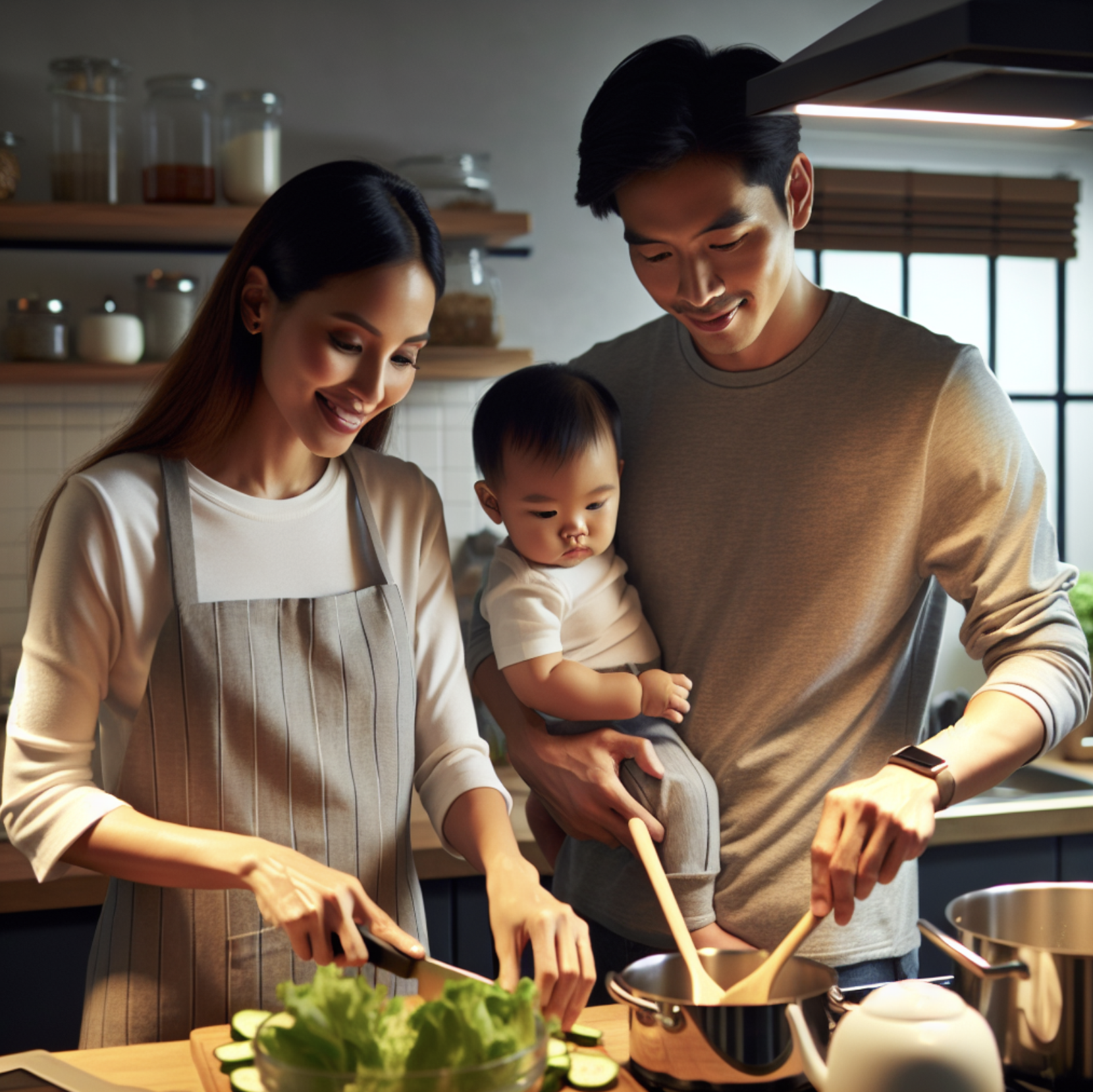 퇴근 후 저녁을 만드는 부부와 아기의 모습