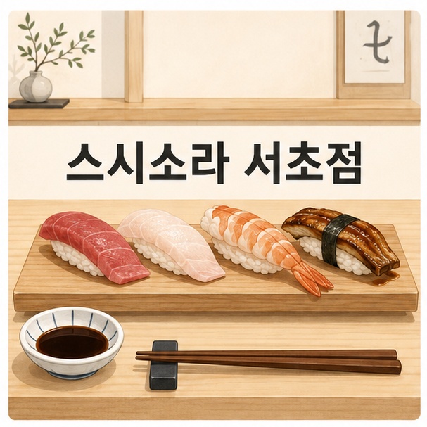 나무 스시 카운터 위에 여러 종류의 니기리와 식기를 배치해 스시소라 서초점의 오마카세를 표현한 이미지