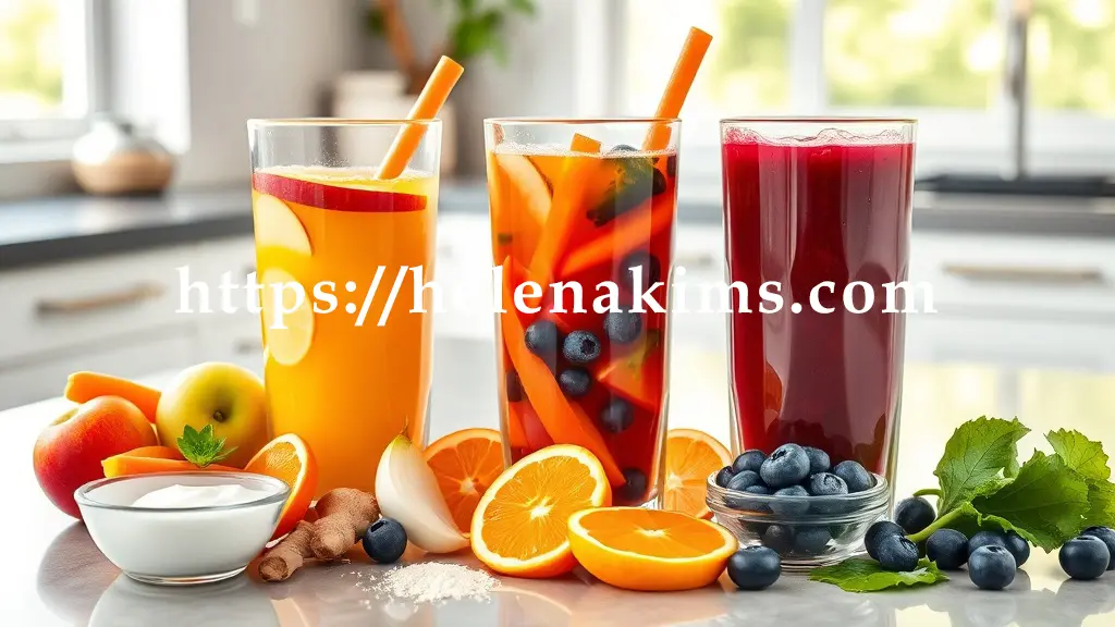 밝고 주방 테이블 위에 세개의 투명한 유리컵에는 각각의 주스가 담겨 있다.