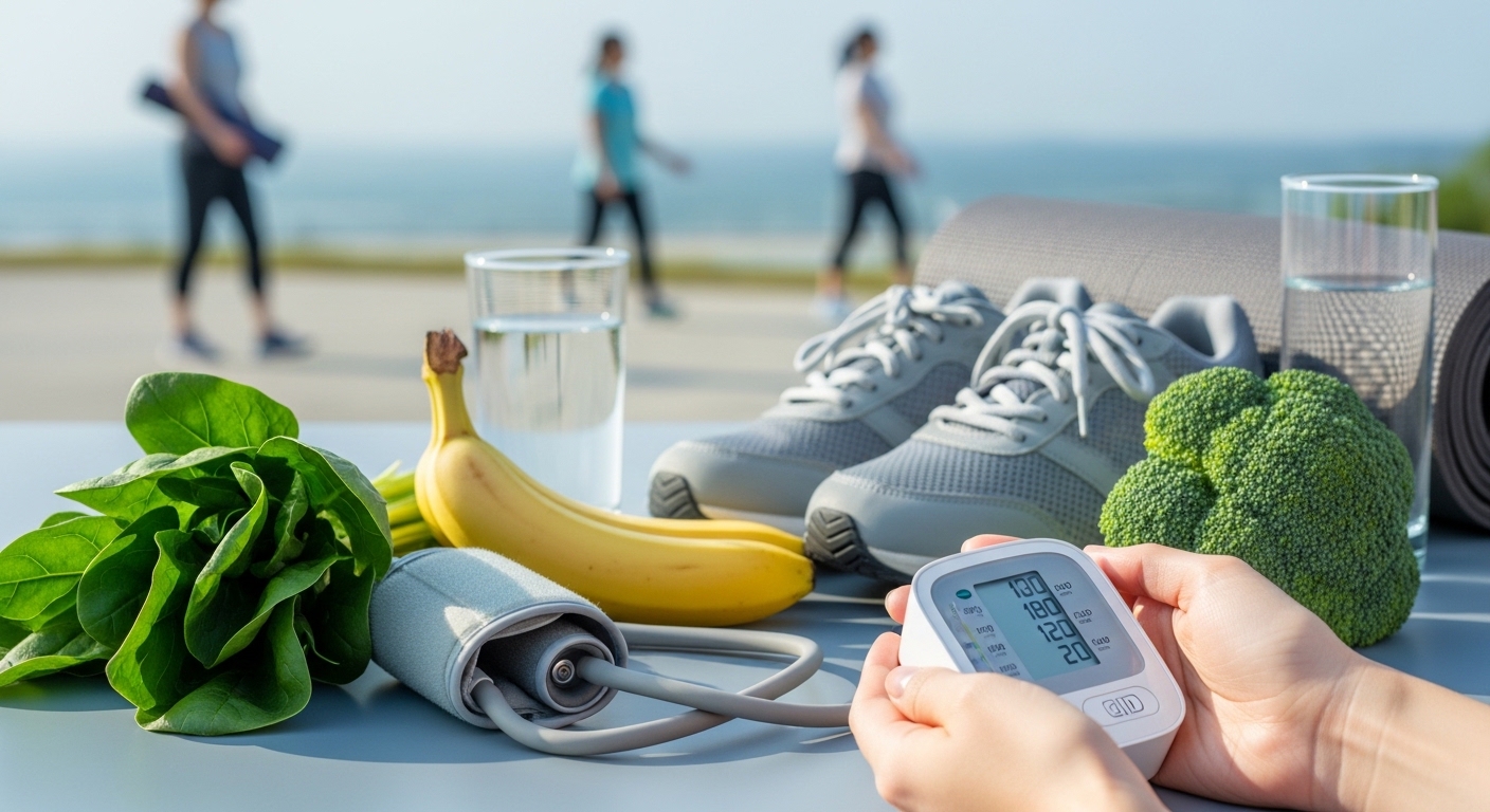 정상 혈압을 나타내는 혈압계와 신선한 채소, 운동화, 요가 매트가 어우러진 건강한 생활 습관 이미지.