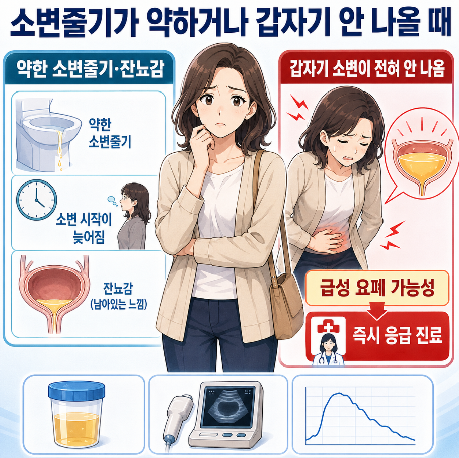 소변줄기가 약하거나 갑자기 소변이 안 나올 때의 증상 차이와 급성 요폐 응급 진료 안내