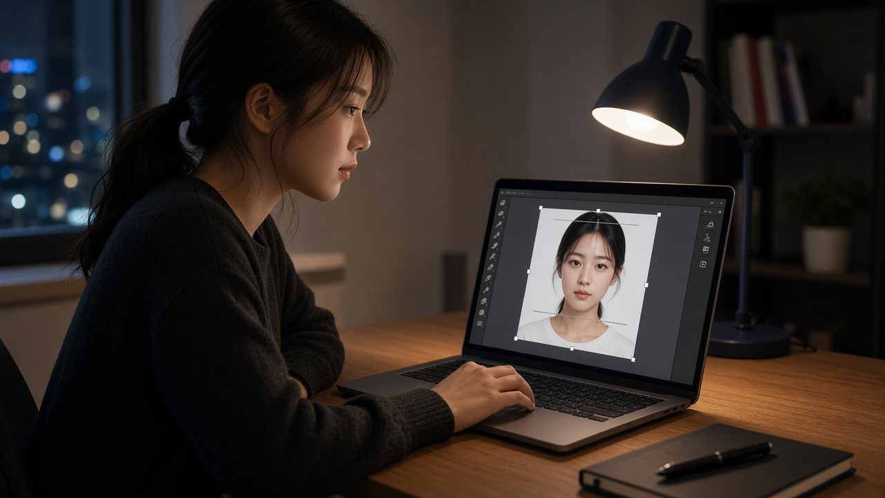노트북에서 증명사진을 자르고 크기를 맞추는 20대 한국인 여성