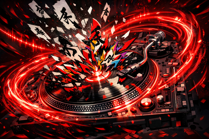 분해된 국악 스템 데이터가 현대적인 힙합 비트와 결합하여 재조립되는 재편집 공정