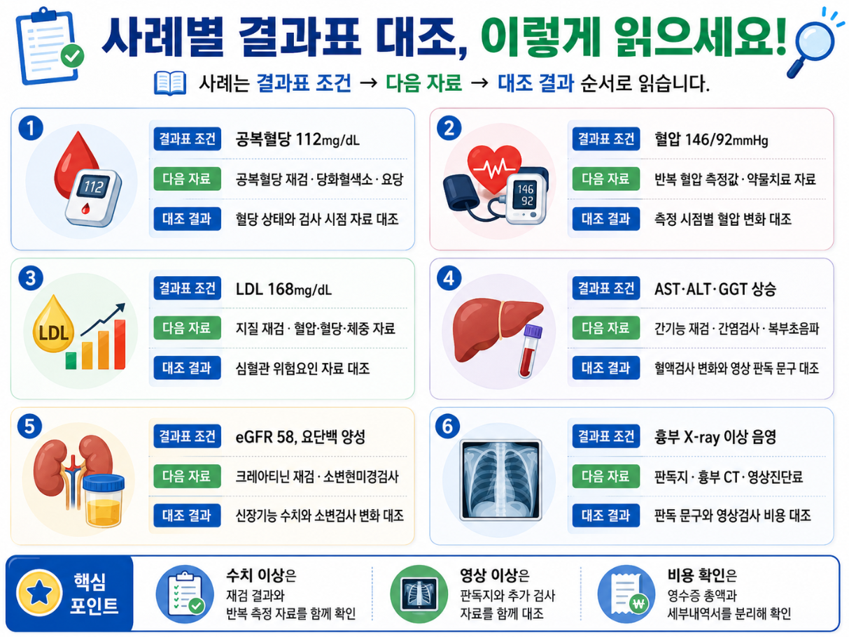 건강검진 결과표 사례별로 공복혈당, 혈압, LDL, 간수치, eGFR, 흉부 X-ray 이상 소견을 대조하는 인포그래픽