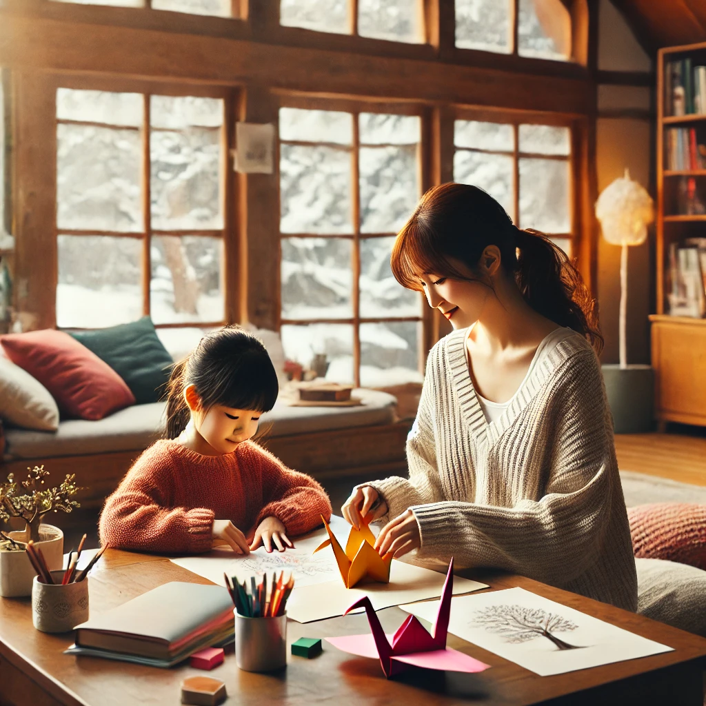 이 사진은 겨울방학을 맞이해서 아이와 엄마가 집에서 하는 활동에 대한 사진입니다.