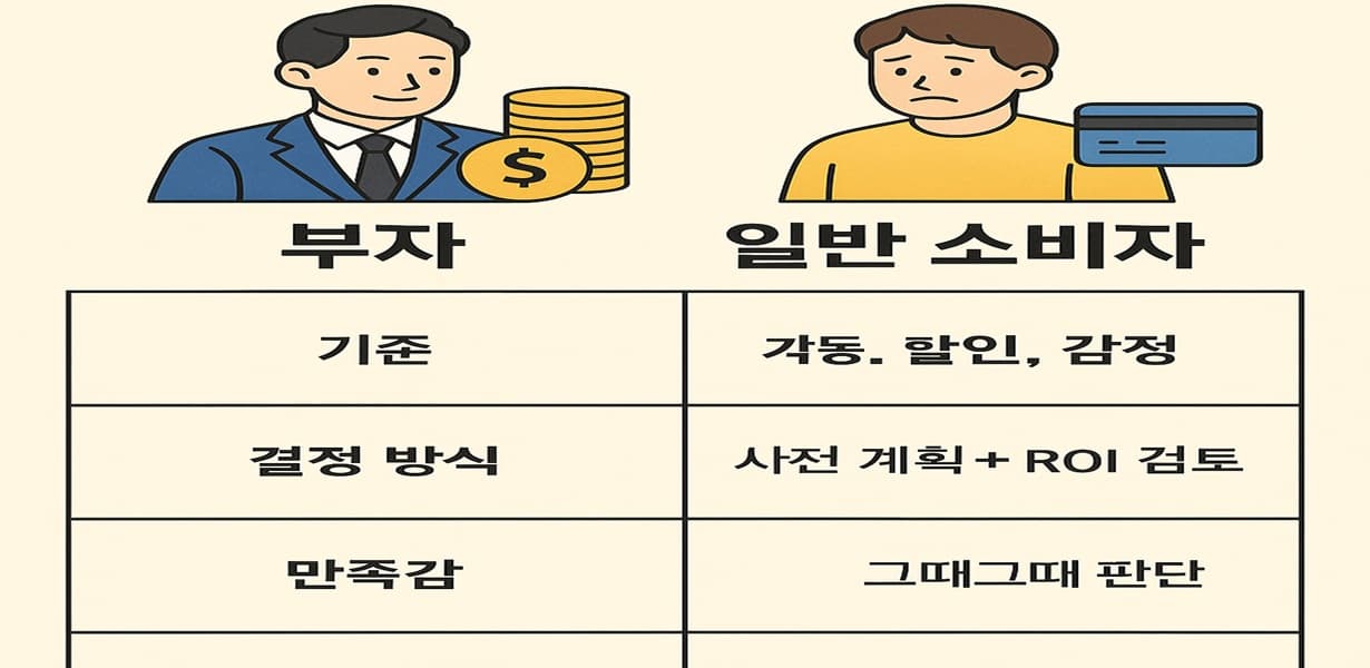 부자와 일반 소비자의 소비 기준 차이를 비교한 인포그래픽
