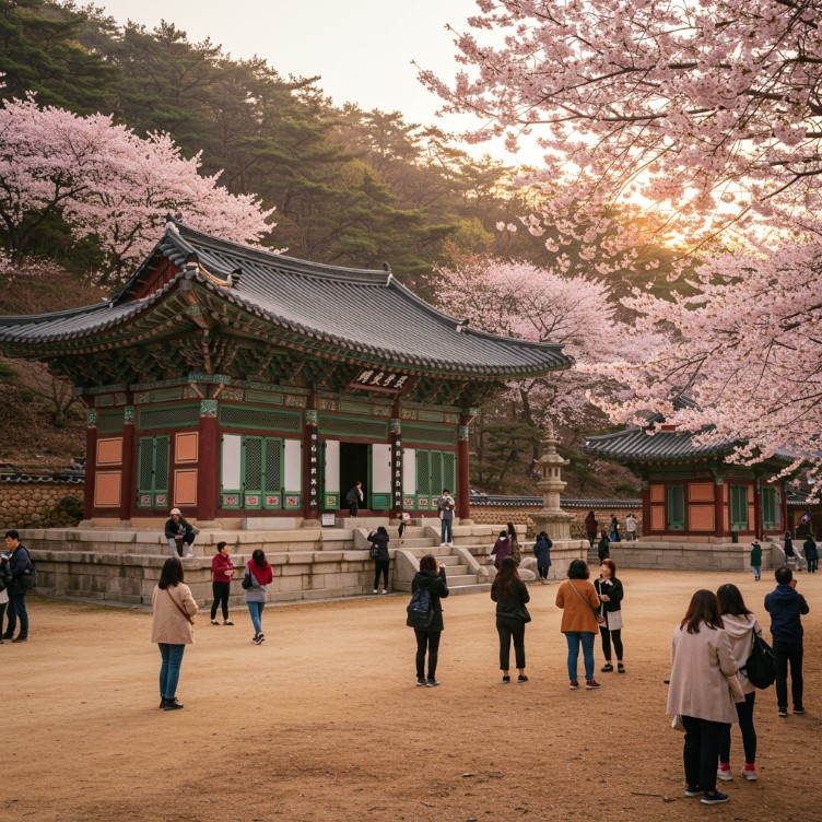 꽃피는 봄에 사찰을 방문하고 있는 모습의 이미지