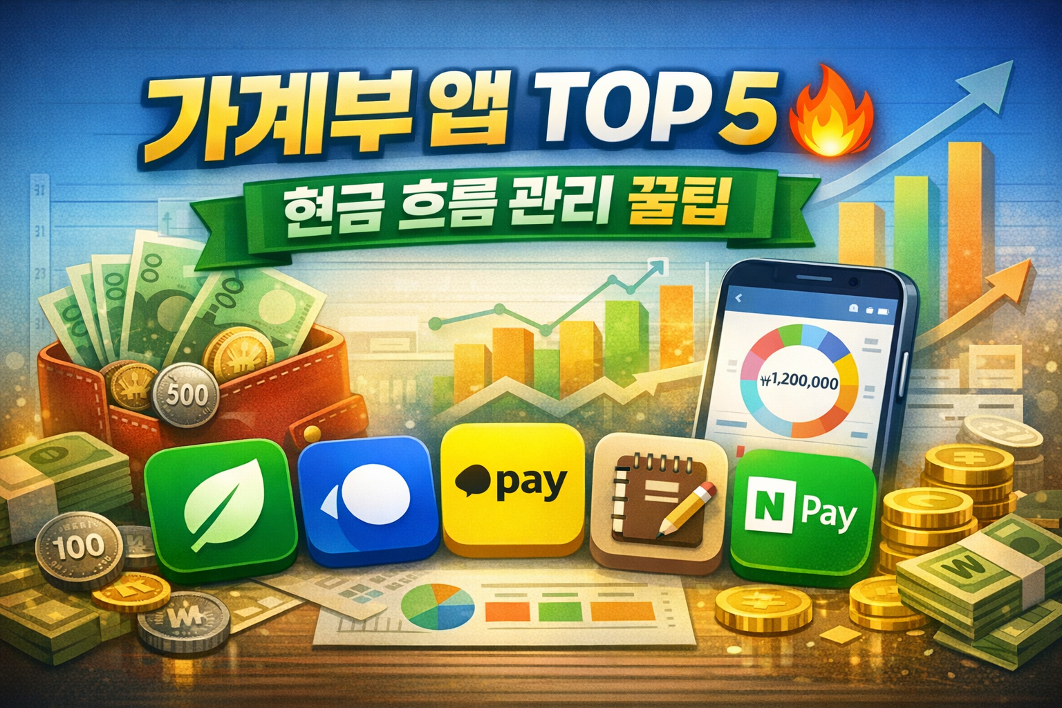 스마트폰 화면에 가계부 그래프가 표시되고, 지갑과 동전, 상승하는 차트와 함께 가계부 앱 아이콘들이 배치된 현금 흐름 관리 일러스트
