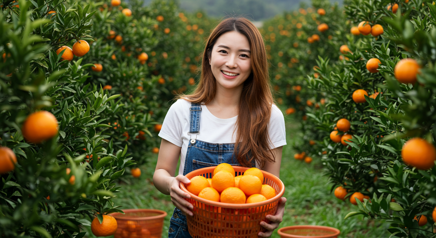 한 젊은 여성이 제주 귤밭에서 직접 귤을 수확하는 모습