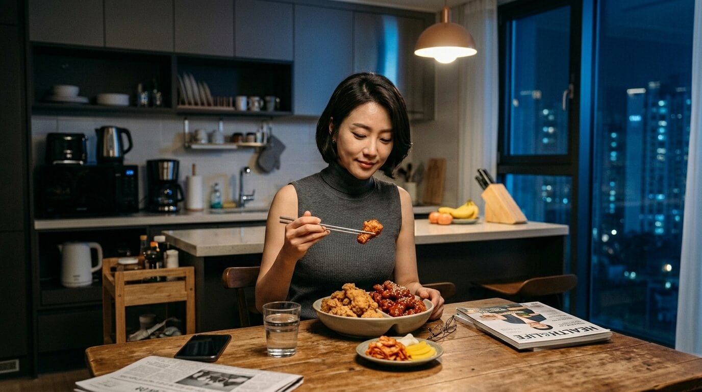 늦은 밤 야식을 먹고 있는 여성 직장인