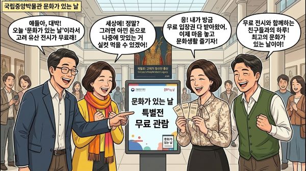 박물관 앞에서 만난 4명의 친구들이 문화의 날에 대해 얘기를 나누고 있다.