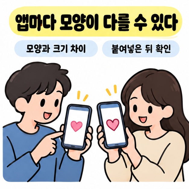 앱마다 모양이 다를 수 있다는 안내 아래 두 사람이 서로 다른 모양의 하트가 표시된 스마트폰을 나란히 확인하는 모습