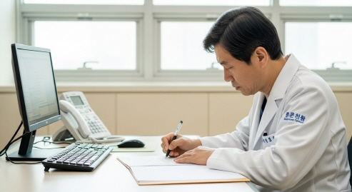 병원에서 의사가 소견서를 작성하는 모습