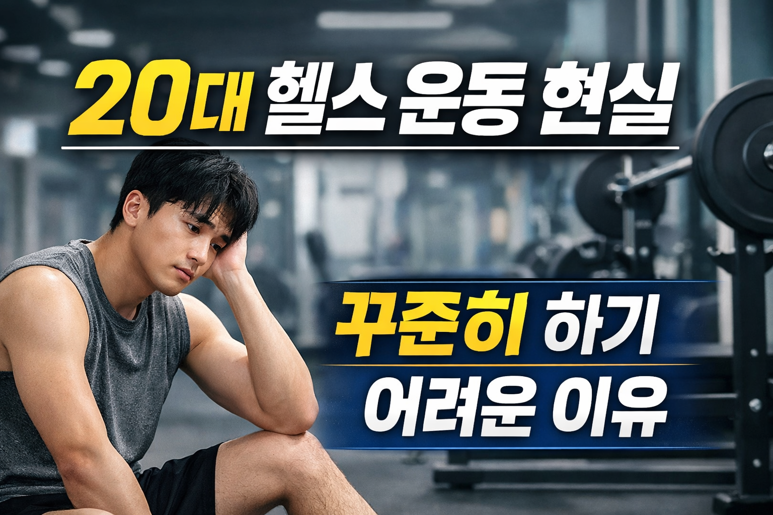 20대 헬스 운동 현실 이미지, 헬스장에서 지친 표정의 남성이 앉아 있으며 운동을 꾸준히 하기 어려운 이유를 나타낸 썸네일