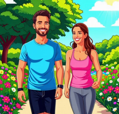 남자 1명, 여자 1명이 걷기 운동을 하고 있습니다.