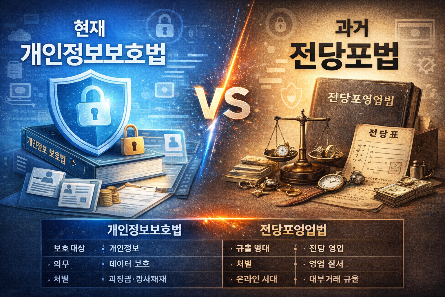 현재 개인정보보호법(개인정보 보호법)의 핵심 구조와 과거 전당포법(전당포영업법)의 규율 내용을 각각 설명하고, 두 법의 목적·대상·의무·제재·사회적 배경 차이를 비교합니다