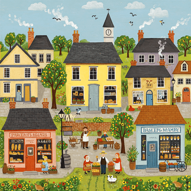 3층 건물들이 빼곡한 마을 풍경이다. 나무들이 곳곳에 있고, 마을 사람들이 산책하고 물건을 판다.