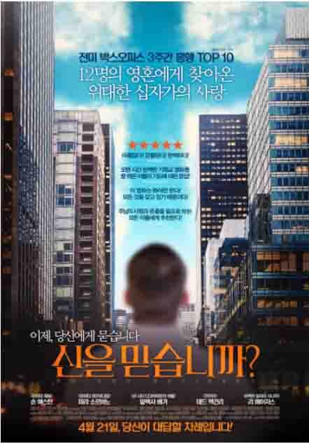 도심 가운데의 하늘을 바라보며 신의 존재를 묻는 듯 바라보고 있다.