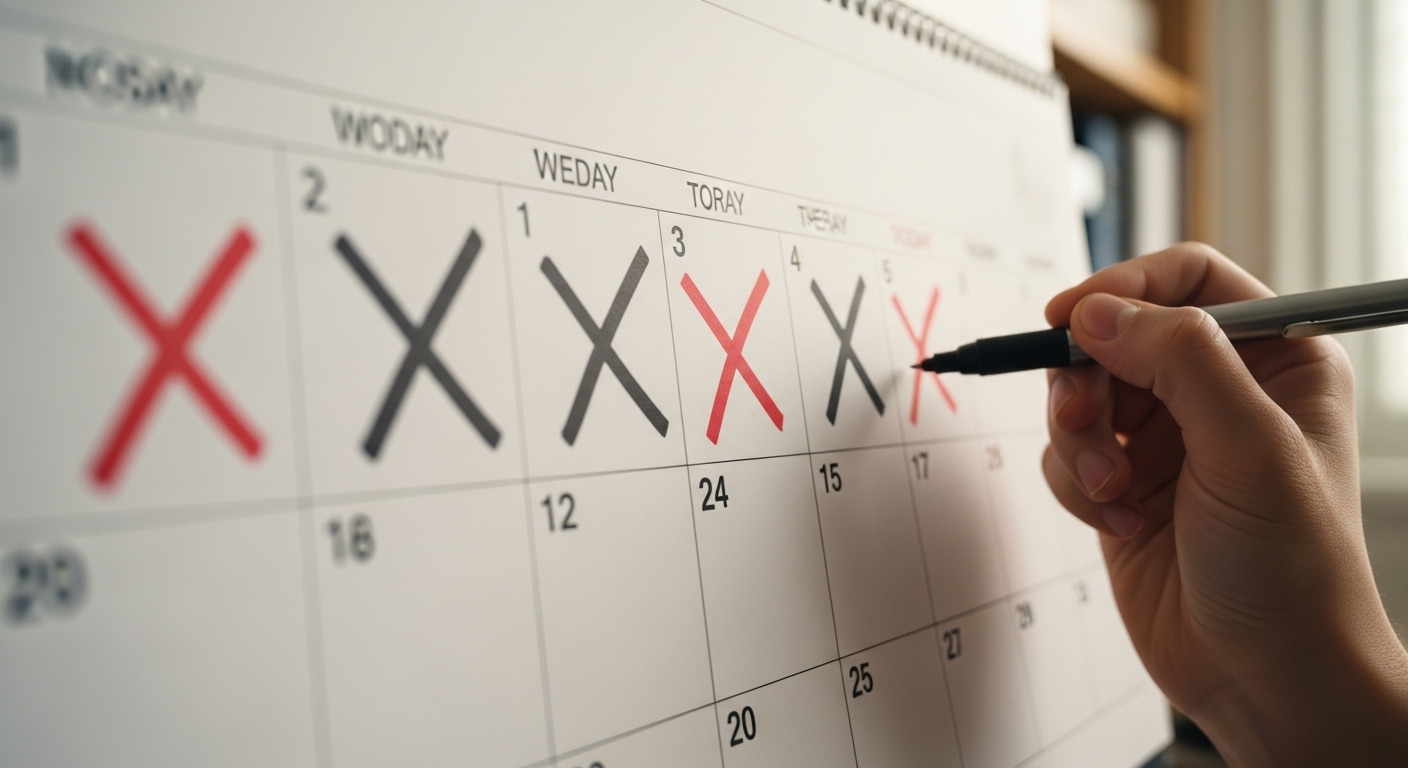 습관 추적을 위해 달력에 매일 X 표시를 하며 연속적인 기록을 만들어가는 모습