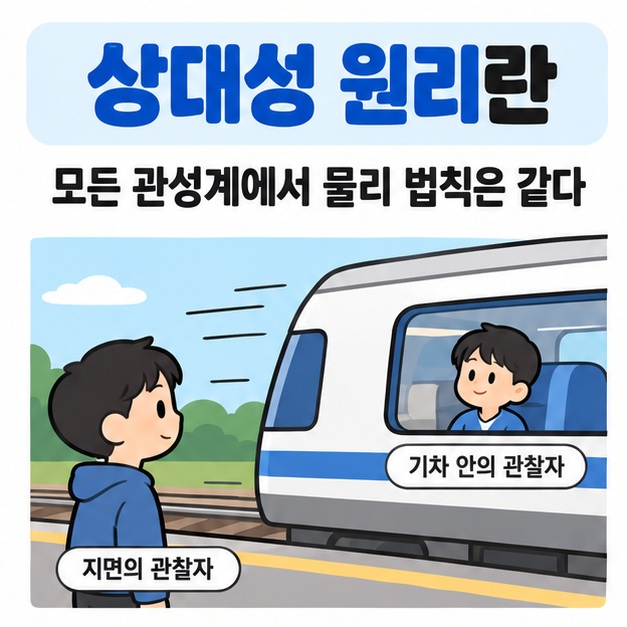 상대성 원리란을 일정한 속도로 움직이는 기차와 관찰자 두 명으로 표현한 카드뉴스